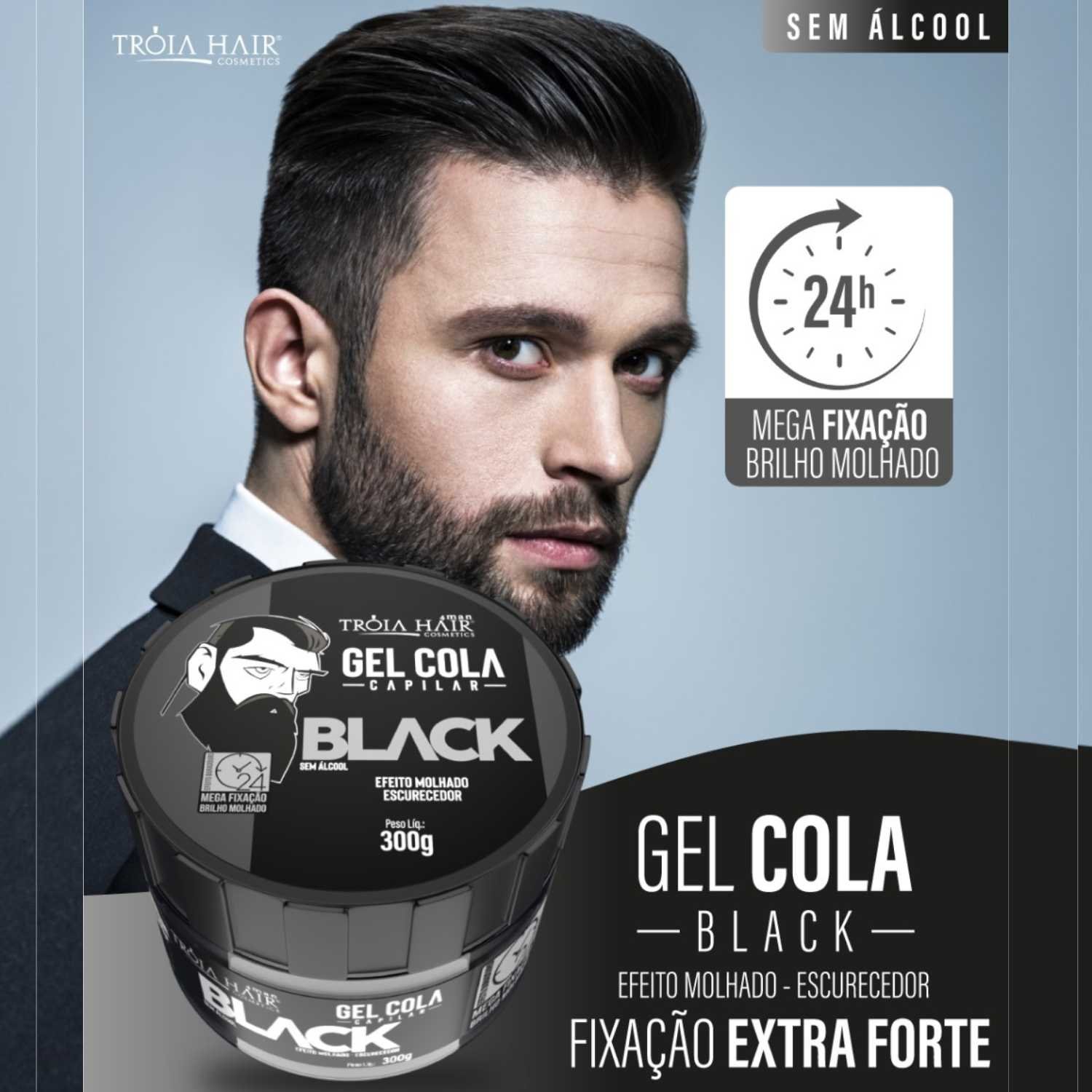 25 Gel Cola Black Troia Hair 300g Troia Hair - Fixação Forte e Efeito Degradê Impecável - Imagem 3