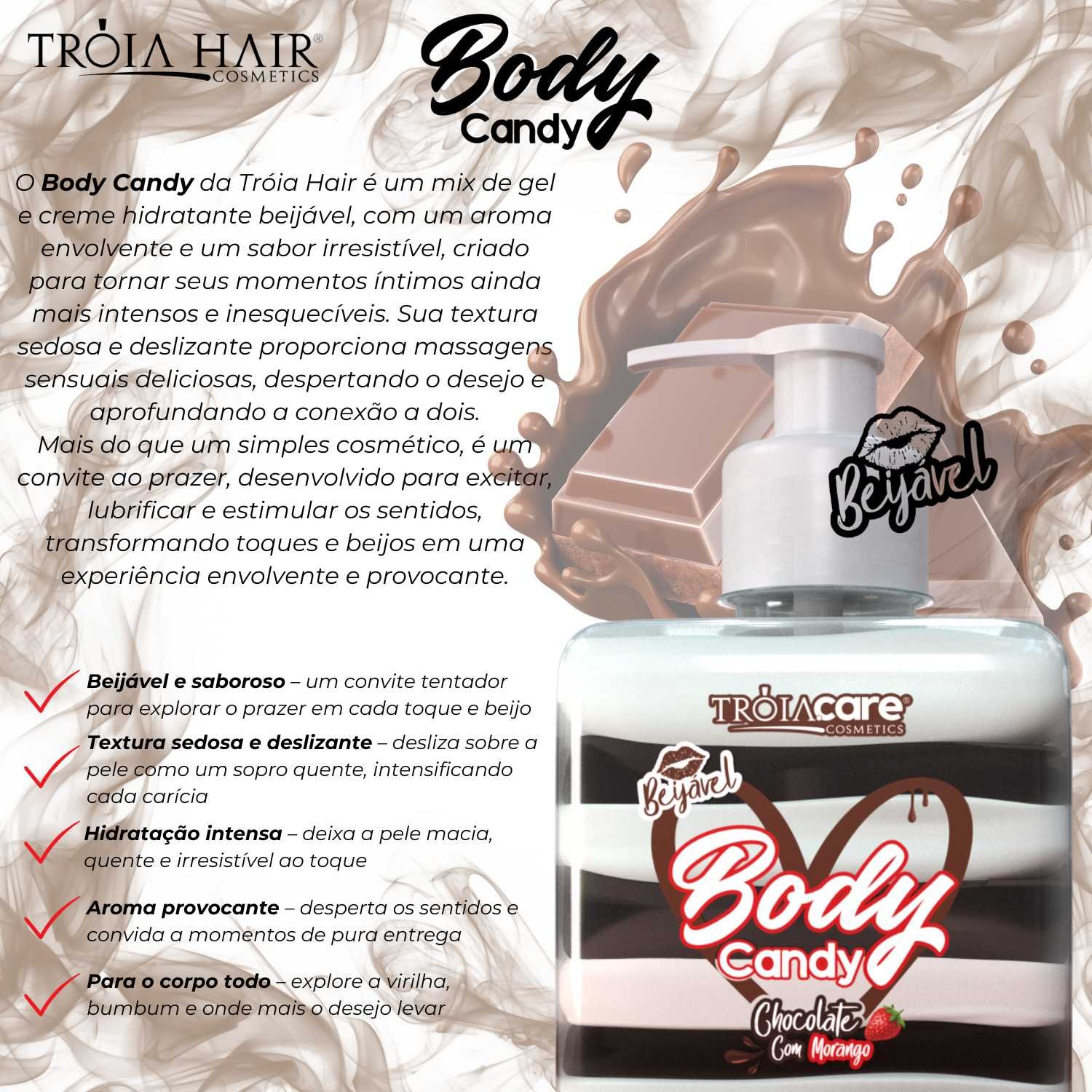 Body Candy Creme E Gel Aromatizante Beijável Chocolate Com Morago P/ Corpo E Virilha - Tróia Hair - Imagem 3