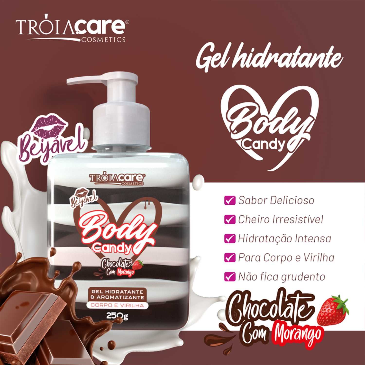 Body Candy Creme E Gel Aromatizante Beijável Chocolate Com Morago P/ Corpo E Virilha - Tróia Hair - Imagem 4