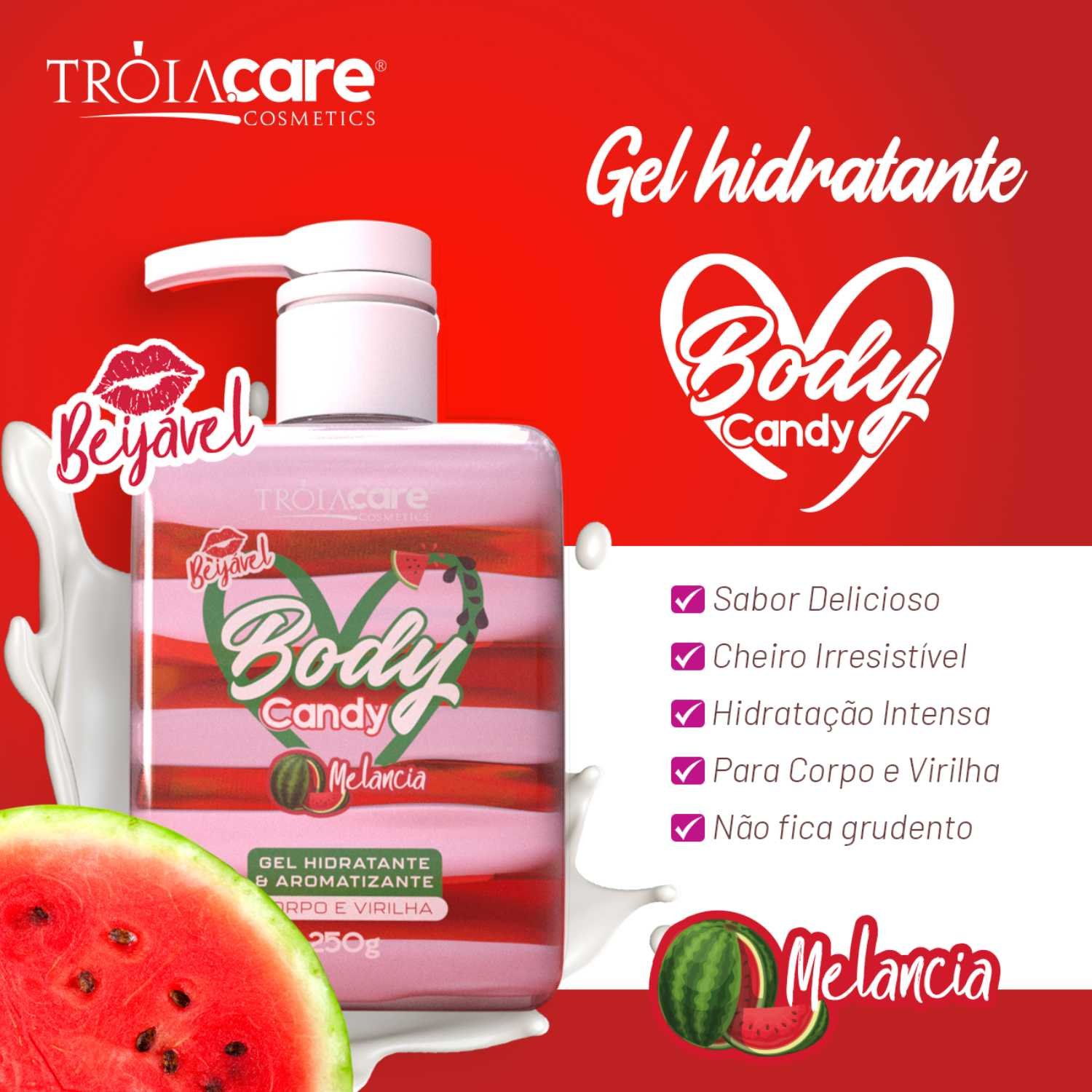 Body Candy Creme E Gel Aromatizante Beijável Melancia P/ Corpo E Virilha - Tróia Hair - Imagem 3
