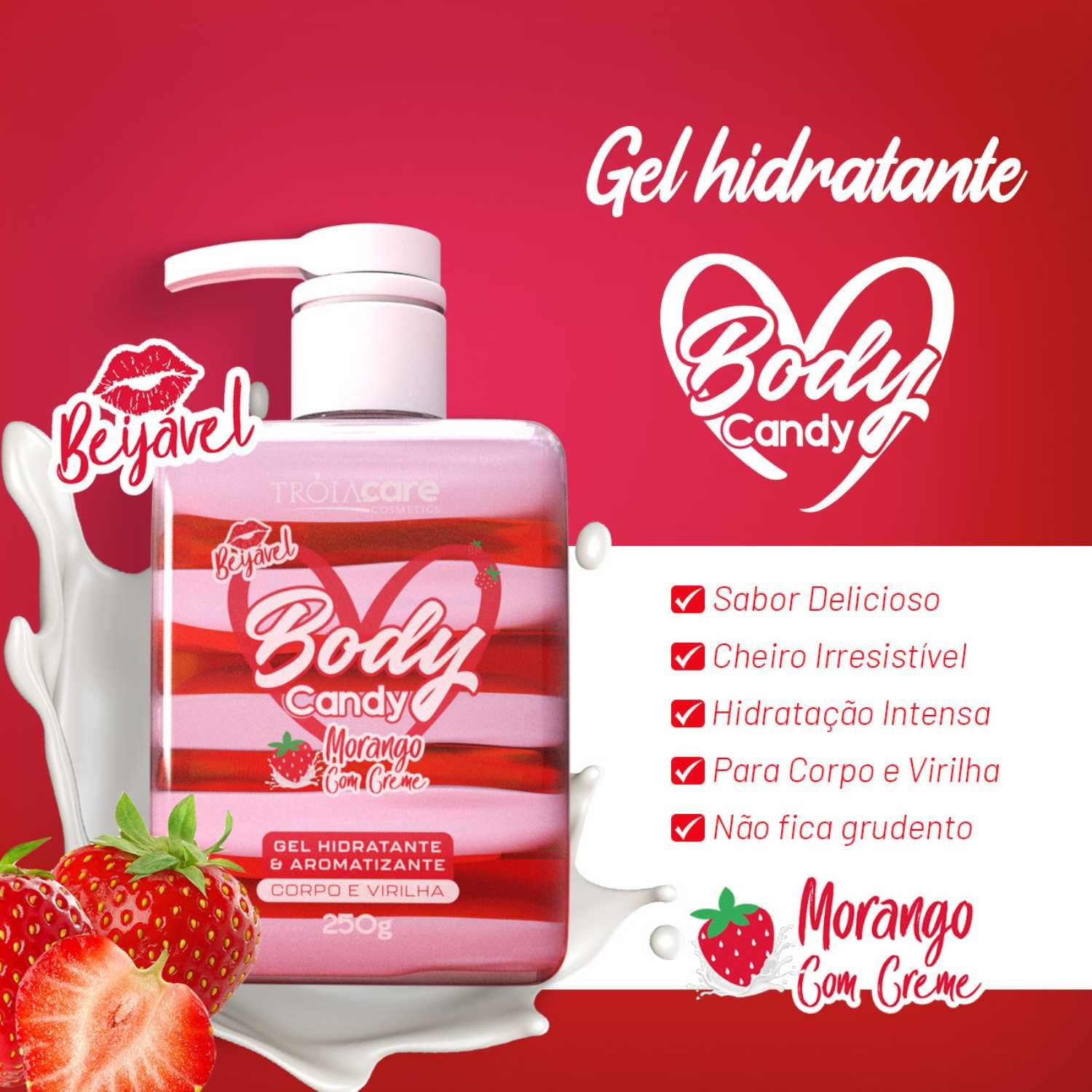 Body Candy Creme E Gel Aromatizante Beijável Morango Com Creme P/ Corpo E Virilha - Tróia Hair - Imagem 6