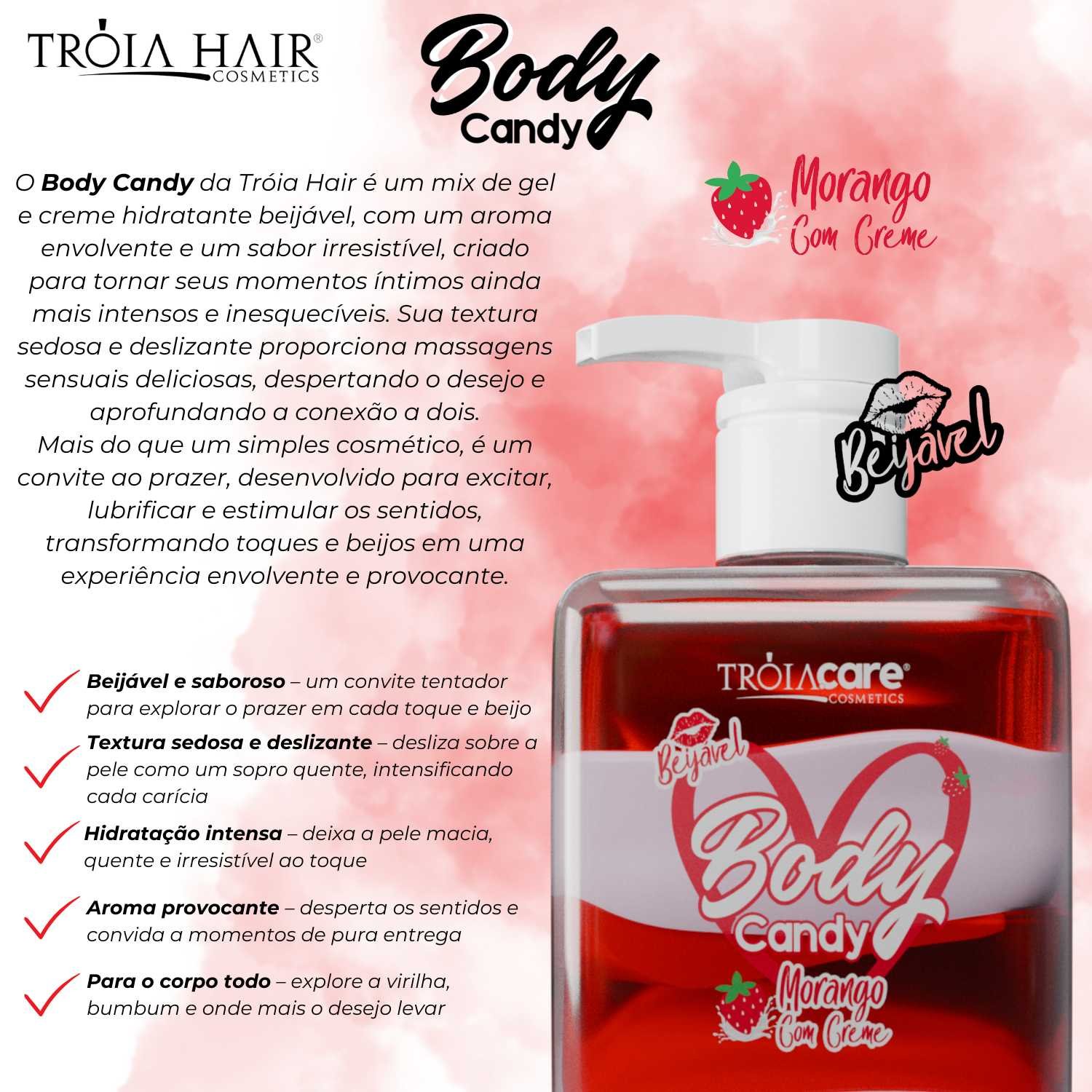Body Candy Creme E Gel Aromatizante Beijável Morango Com Creme P/ Corpo E Virilha - Tróia Hair - Imagem 7