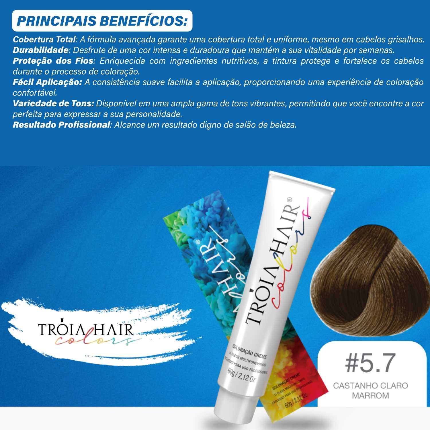 Coloração em Creme Permanente Castanho Claro Marrom #5.7 - Troia Hair colors 60g - Imagem 4