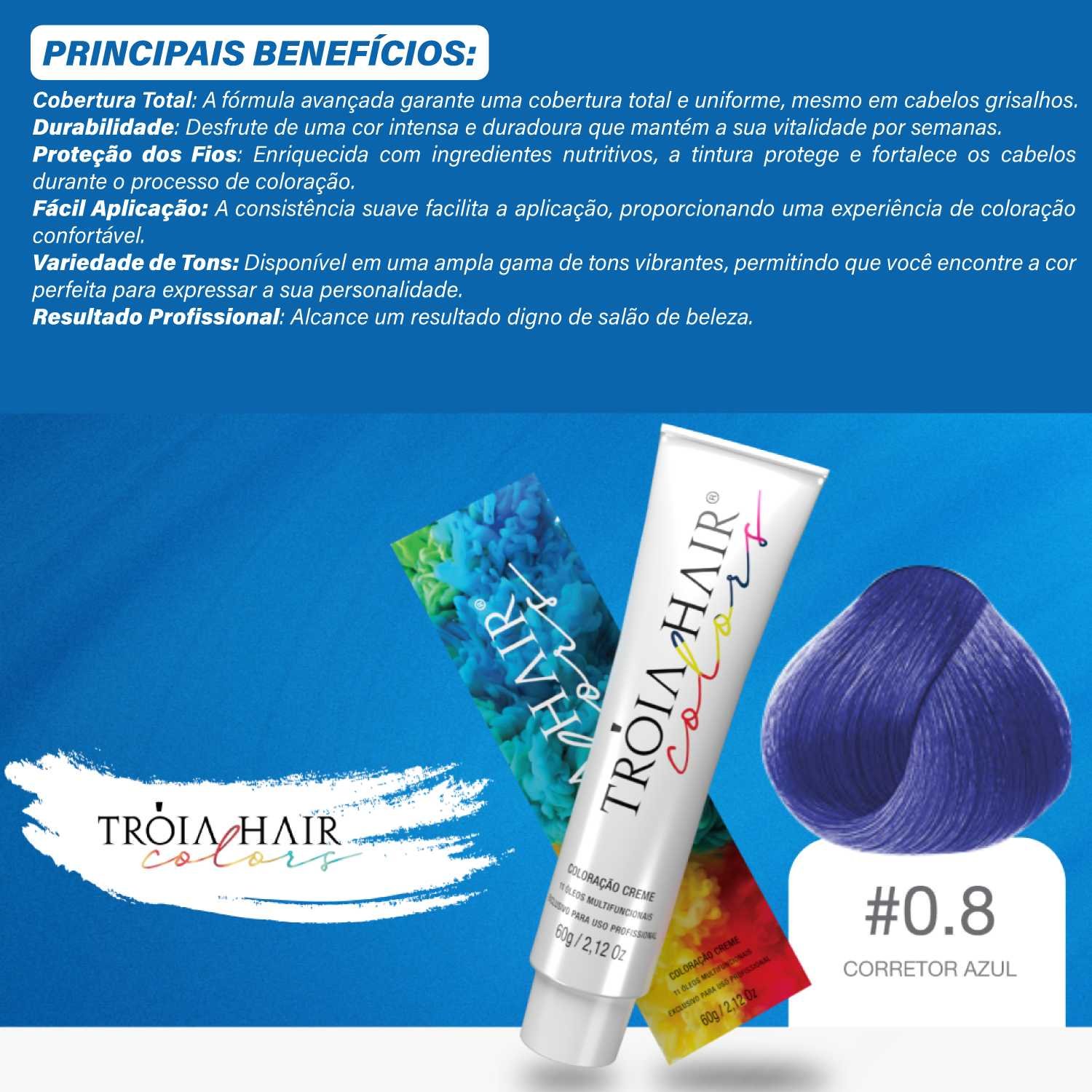 Coloração em Creme Permanente Corretor Azul #0.8 - Troia Hair colors 60g - Imagem 3