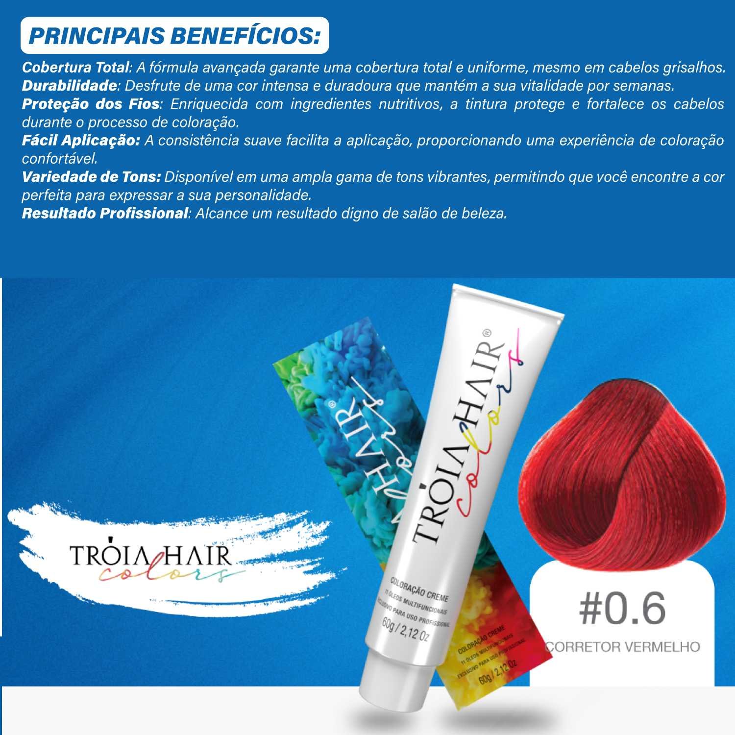 Coloração em Creme Permanente Corretor Vermelho #0.6 - Troia Hair colors 60g - Imagem 3