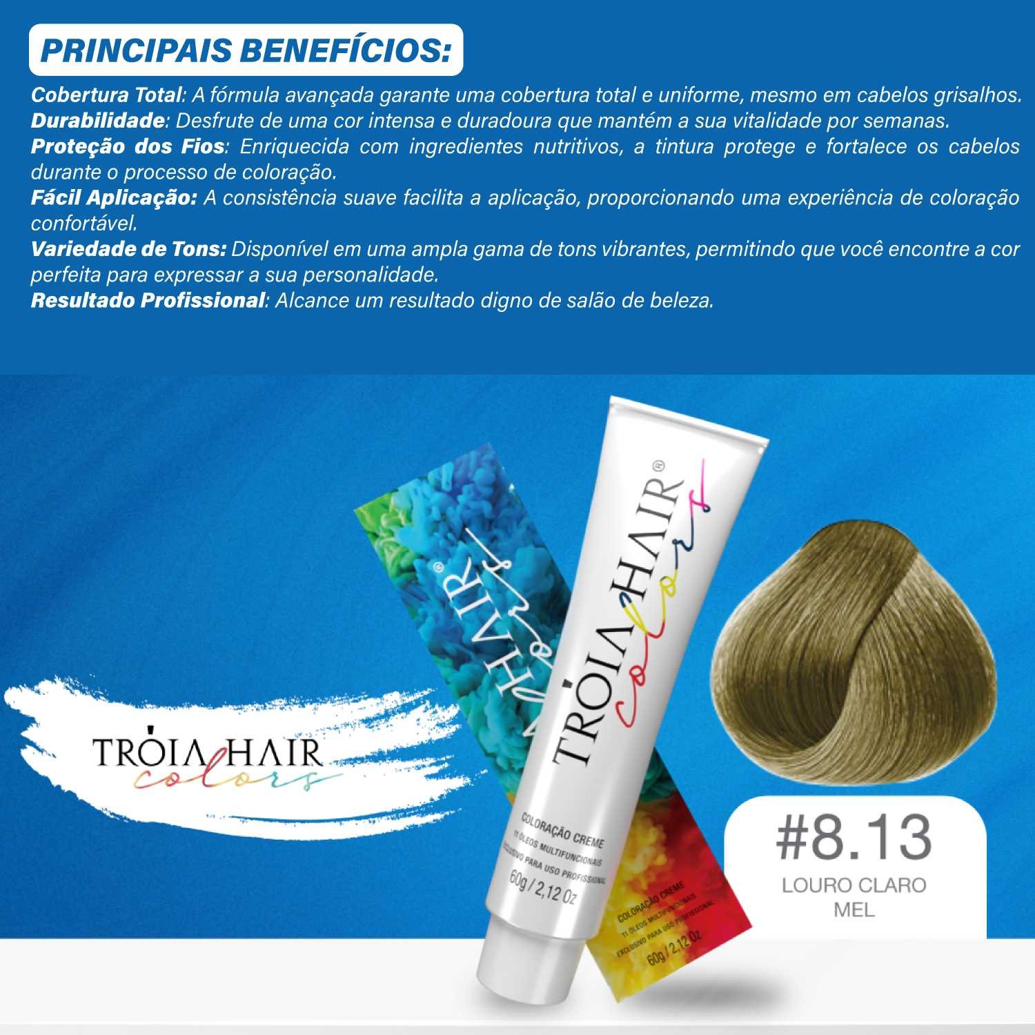 Coloração em Creme Permanente Louro Claro Mel #8.13 - Troia Hair colors 60g - Imagem 3