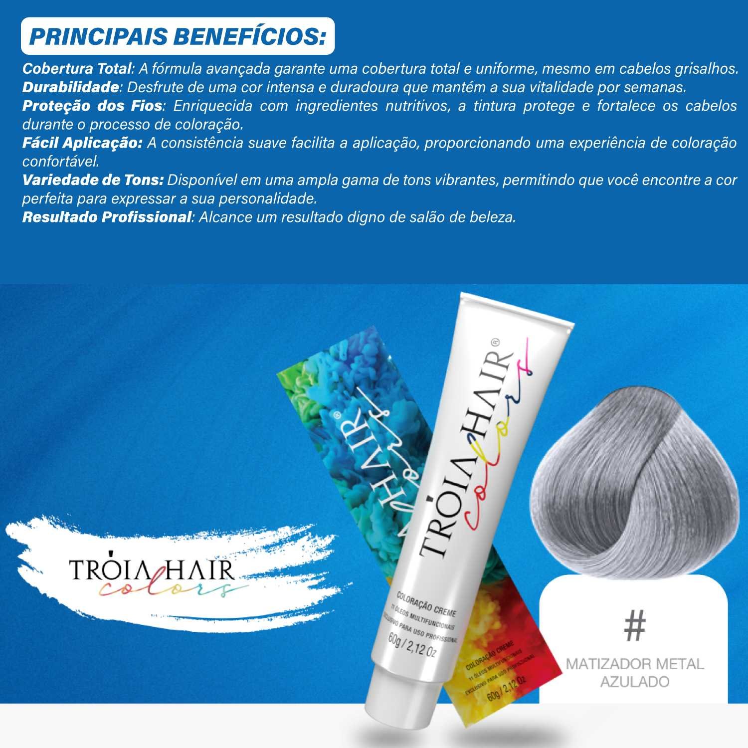 Coloração em Creme Permanente #Metal Azulado - Troia Hair colors 60g - Imagem 4