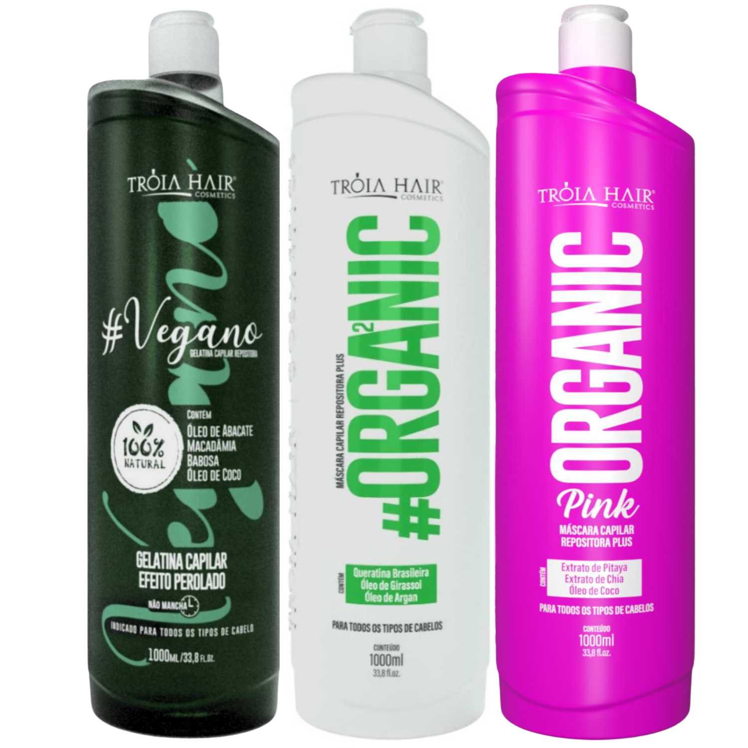 Kit 3x1L Progressiva Tróia Hair Organic, Vegana e Pink Alinhamento Capilar Natural