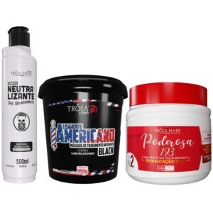 KIT ALISAMENTO AMERICANO BLACK + SHAMPOO NEUTRALIZANTE + MÁSCARA PODEROSA - TRÓIA HAIR 4MAN