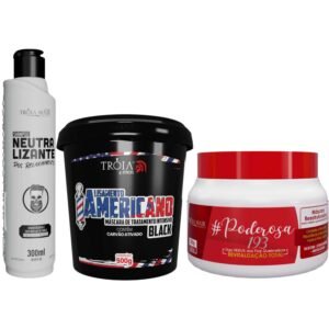 KIT ALISAMENTO AMERICANO BLACK + SHAMPOO NEUTRALIZANTE + MÁSCARA PODEROSA ? TRÓIA HAIR 4MAN