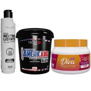 KIT ALISAMENTO AMERICANO BLACK + SHAMPOO NEUTRALIZANTE + MÁSCARA S.O.S DIVA ? TRÓIA HAIR 4MAN