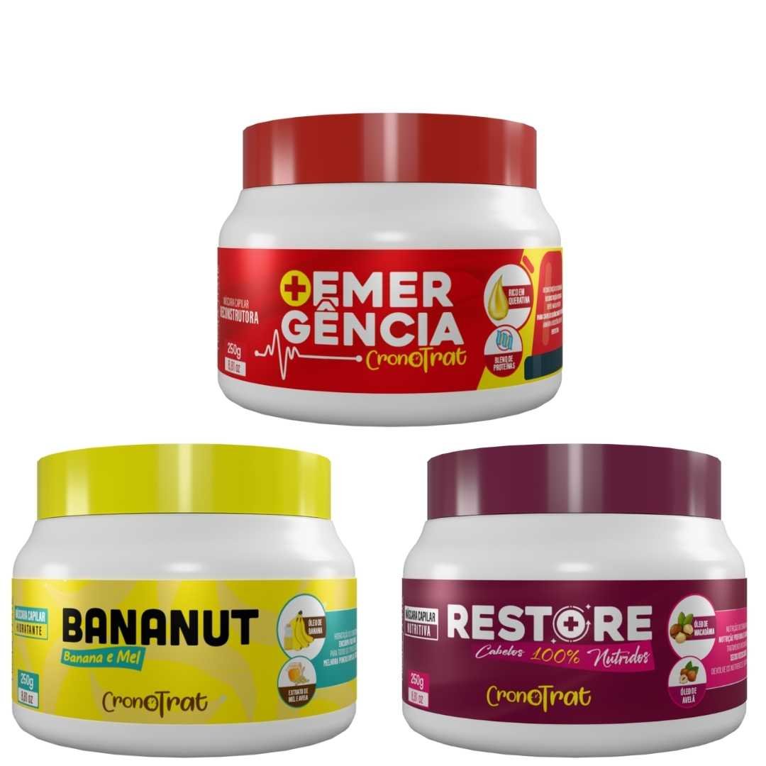 KIT MÁSCARA BANANUT 250g + MÁSCARA 1.9.3 EMERGÊNCIA 250g + MÁSCARA RESTORE 250g HIDRATAÇÃO, RECUPERAÇÃO E RECONSTRUÇÃO CAPILAR | TRÓIA HAIR