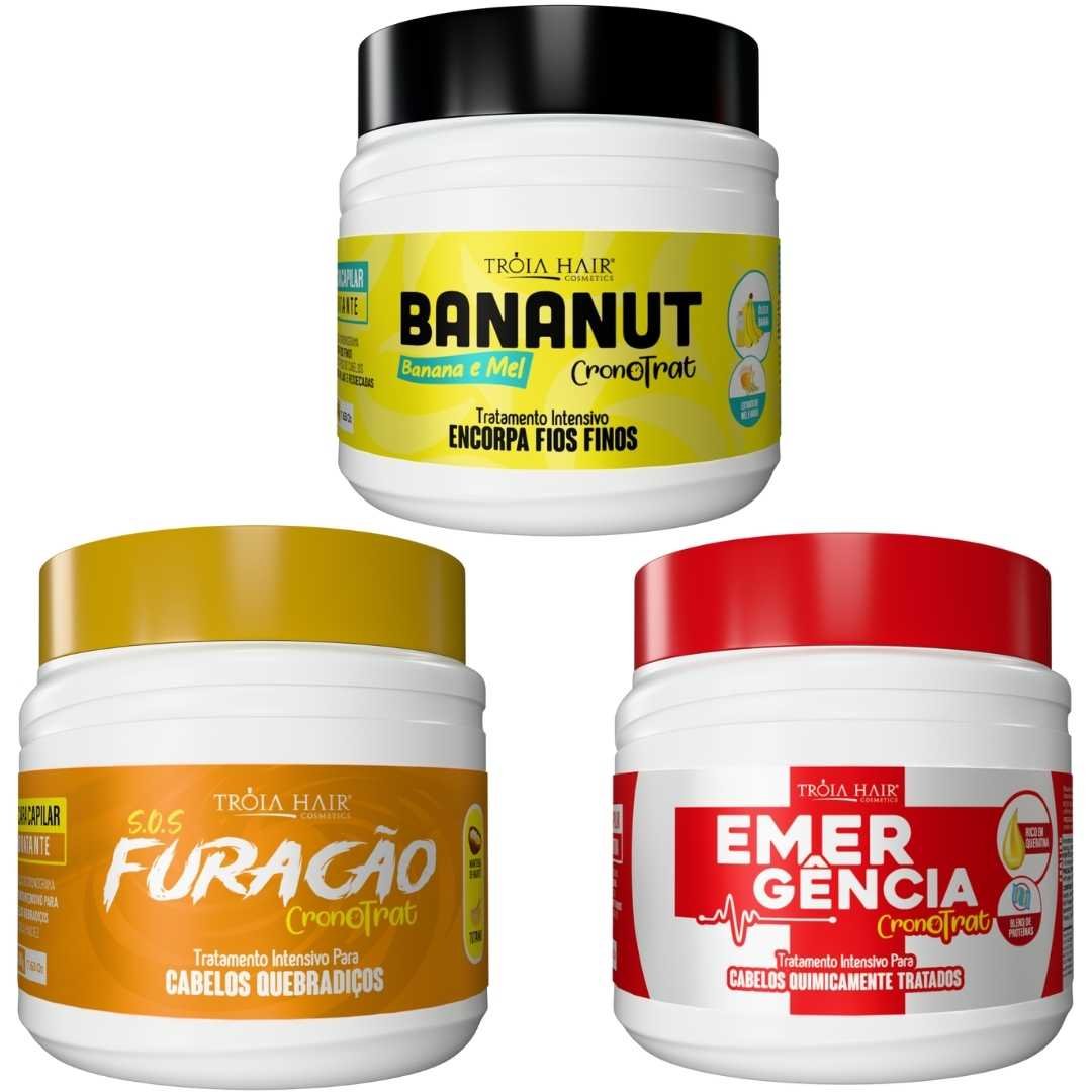 KIT MÁSCARA 500g BANANUT + MÁSCARA 1.9.3 EMERGÊNCIA + MÁSCARA S.O.S FURACÃO - HIDRATAÇÃO, RECUPERAÇÃO E REPOSIÇÃO DE MASSA | TRÓIA HAIR