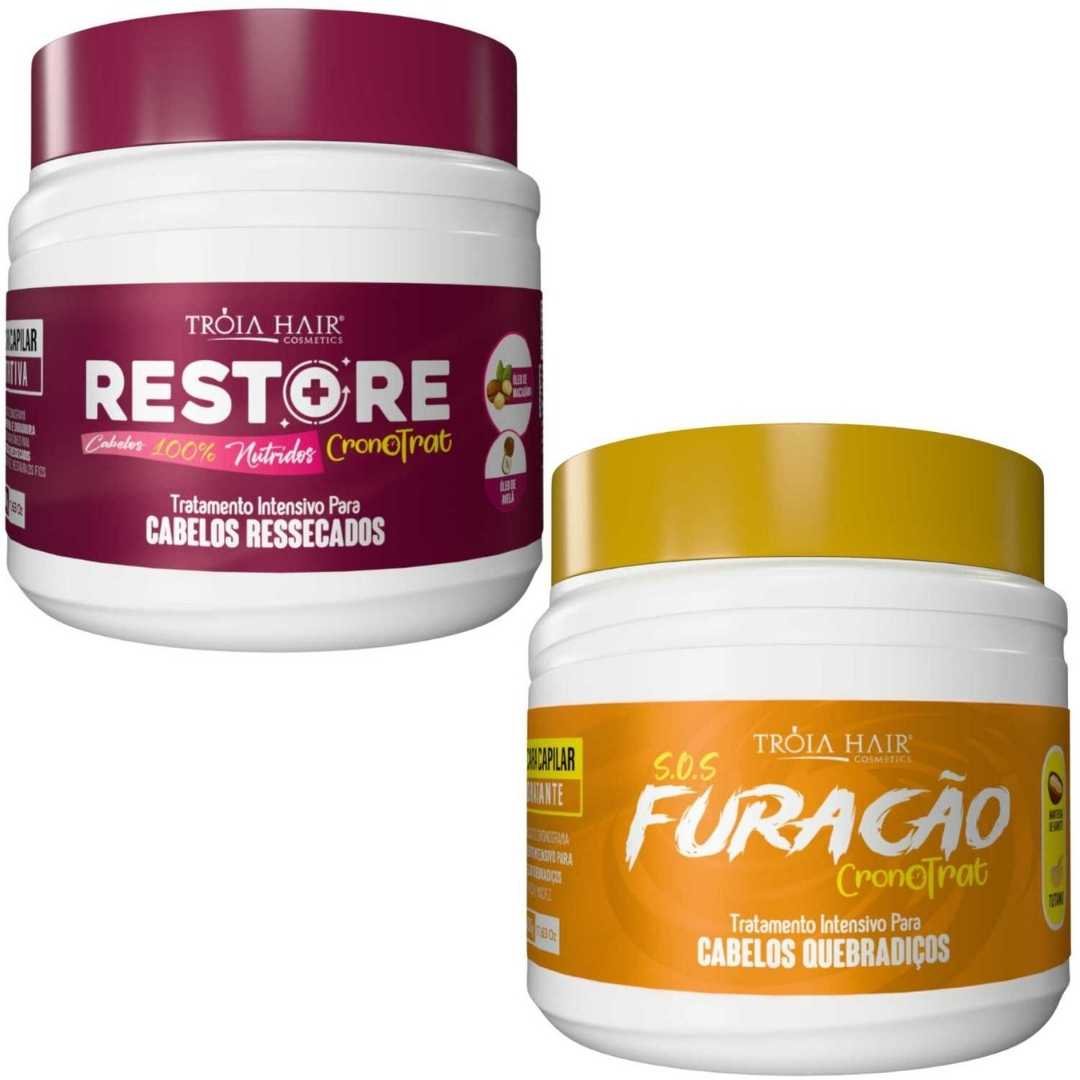 KIT MÁSCARA 500g S.O.S FURACÃO + MÁSCARA RESTORE - HIDRATAÇÃO INTENSIVA E RECONSTRUÇÃO CAPILAR | TRÓIA HAIR