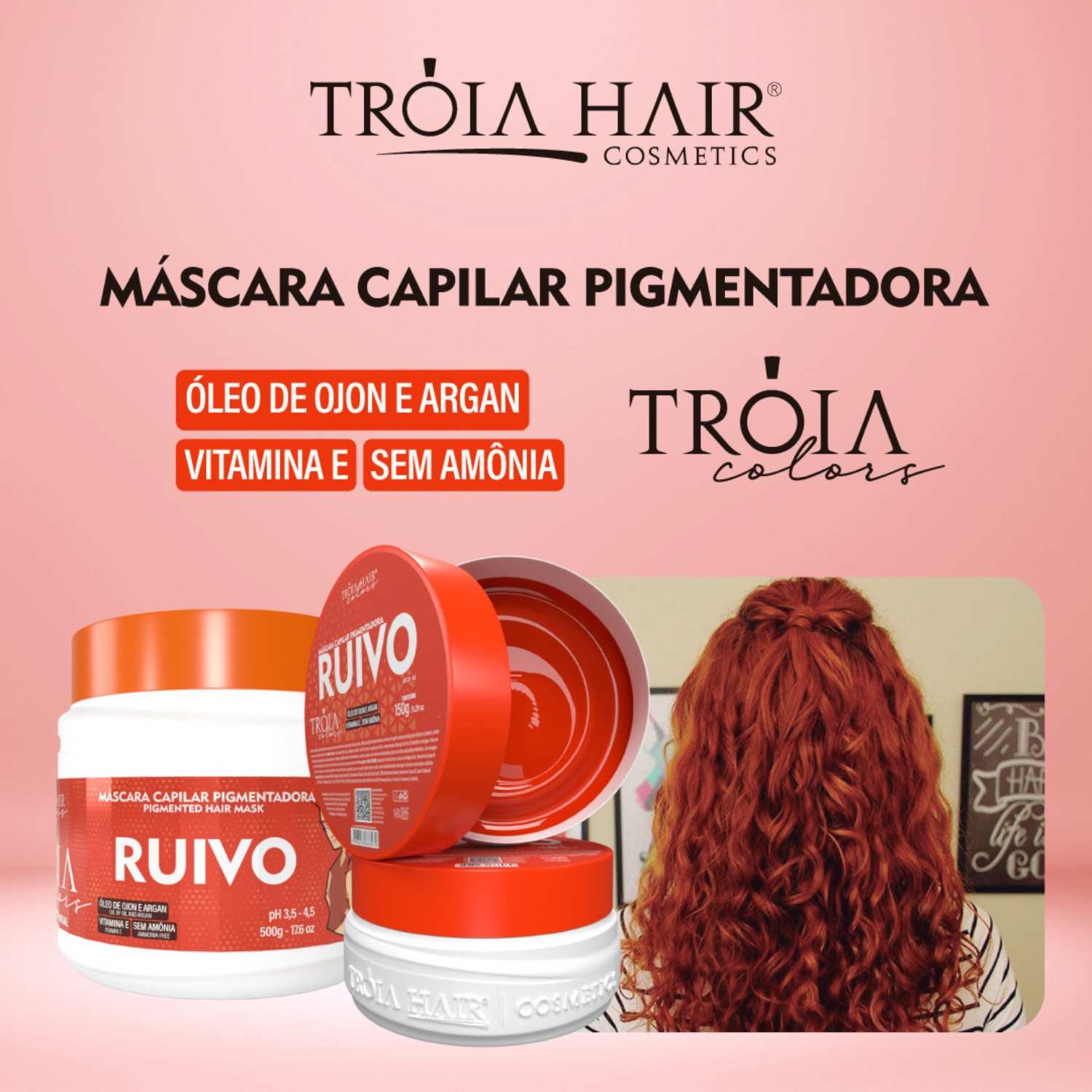 Máscara Capilar Pigmentadora Troia Colors Ruivo 500g Cor fantasia - Troia Hair - Imagem 4