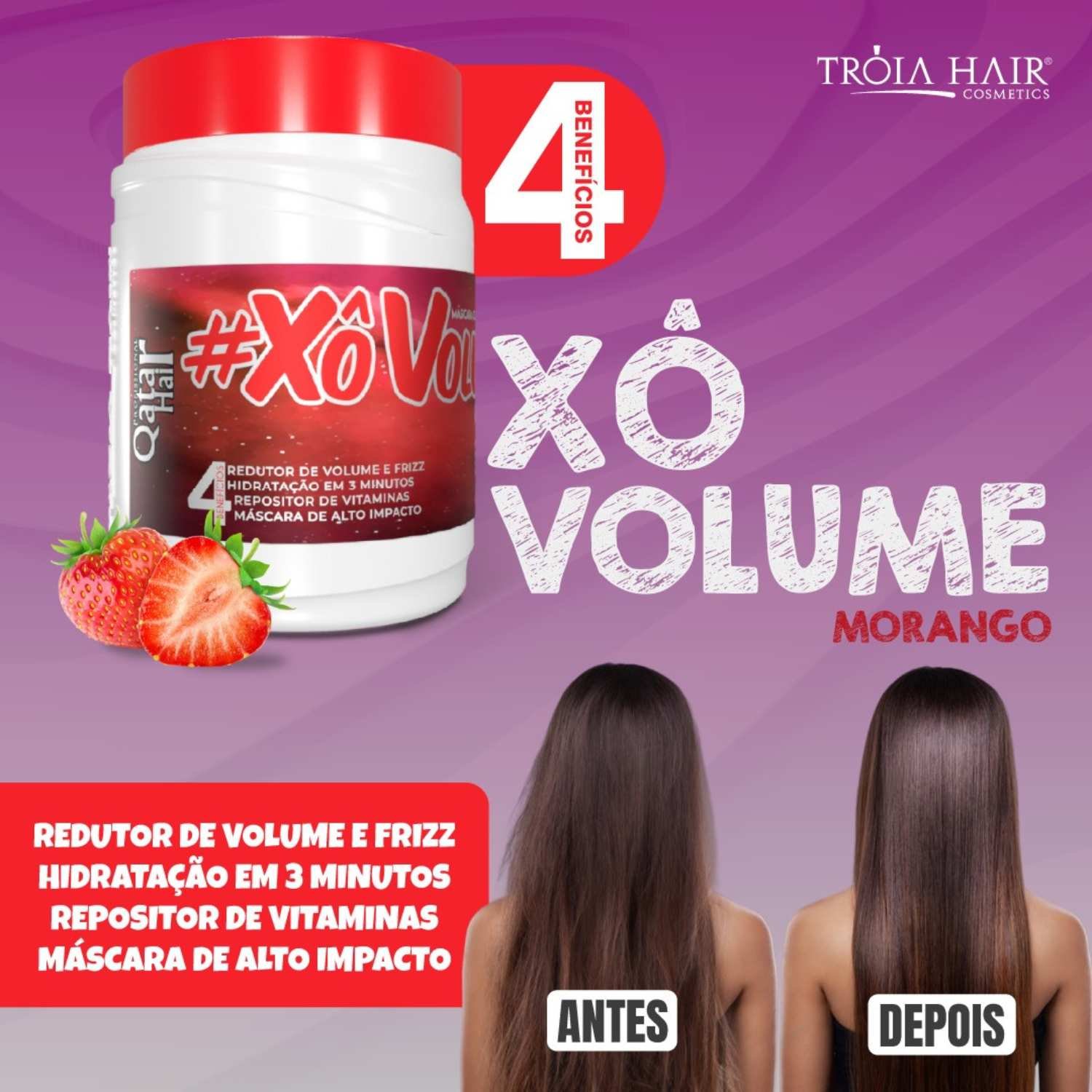 Redutor de Volume Xô Volume Morango Troia Hair Máscara de Alto Impacto - Imagem 2