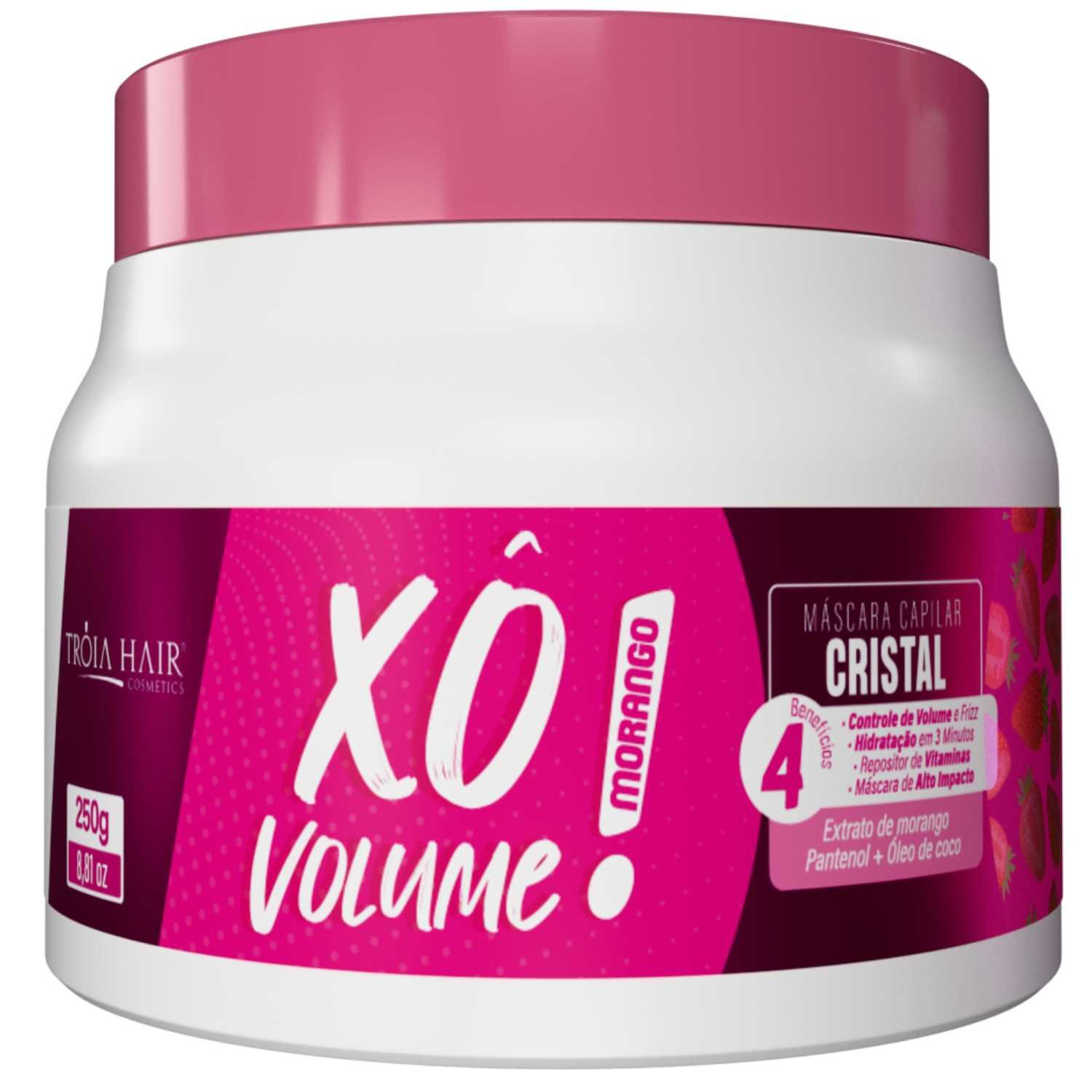 Redutor de Volume Xô Volume Morango Troia Hair Máscara de Alto Impacto 250g